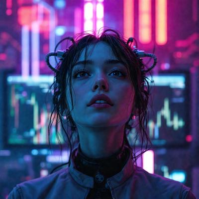 The primary subject of the image is a woman with a unique hairstyle, featuring two large hair clips on her head. She is wearing a jacket and appears to be in a futuristic setting, possibly a futuristic city. The visual style of the image is a combination of photo and digital art, creating a striking and eye-catching scene. The colors and mood of the image are predominantly dark and moody, with the woman's hair clips and the futuristic setting contributing to